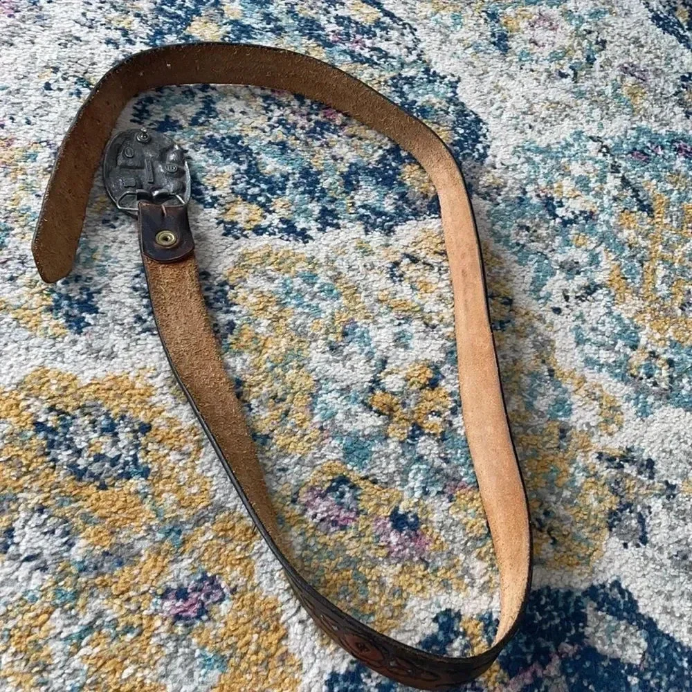 C & J Vintage leather belt TEXAS Lone Star State buckle Made in USA Western
